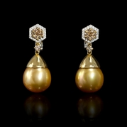 Diamond and South Sea Golden Pearl 18k Two Tone Gold Dangle Earrings