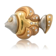 Diamond 18k Yellow Gold Fish Brooch Pin
