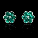 Diamond and Emerald Antique Style 18k White Gold Floral Cluster Earrings