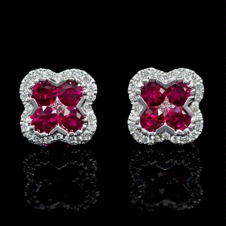 Diamond and Ruby 18k White Gold Cluster Earrings