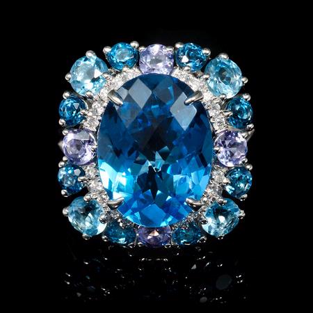 Diamond Blue Topaz and Tanzanite 18k White Gold Ring
